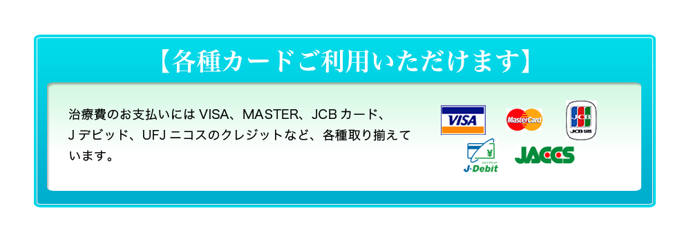 【各種カードご利用いただけます】治療費のお支払いにはVISA、MASTER、JCBカード、Jデビッド、UFJニコスのクレジットなど、各種取り揃えています。デンタルローンのご利用も可能です。
