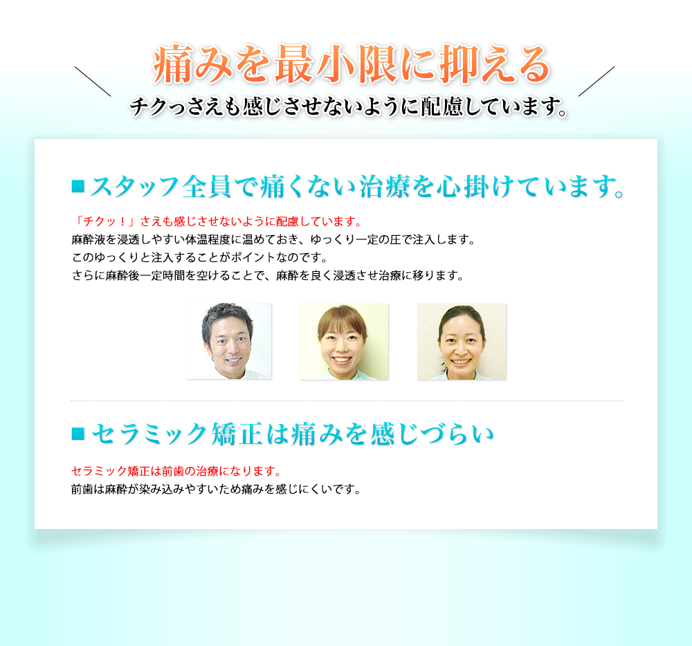 スタッフ全員で痛くない治療を心掛けています。 「チクッ！」さえも感じさせないように配慮しています。麻酔液を浸透しやすい体温程度に温めておき、ゆっくり一定の圧で注入します。このゆっくりと注入することがポイントなのです。さらに麻酔後一定時間を空けることで、麻酔を良く浸透させ治療に移ります。セラミック矯正は痛みを感じづらい セラミック矯正は前歯の治療になります。前歯は麻酔が染み込みやすい痛みを感じにくいです。
